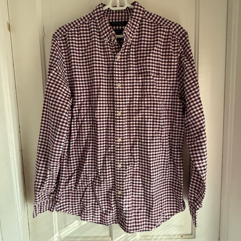 Banana Republic Camden Fit Red white and blue Plaid Button Down Shirt size lg